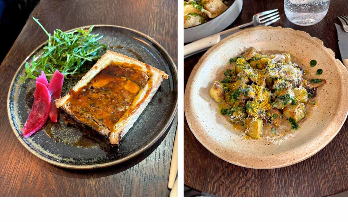 Konvives pâté en croûte et gnocchis aux champignons