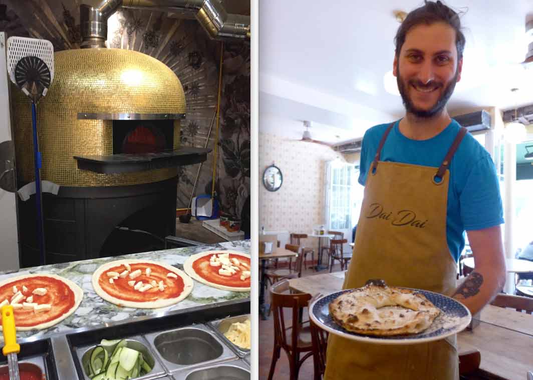 Restaurant Dai Dai, four à pizza et la présentation de la pizza Anello ripieno di Nutella