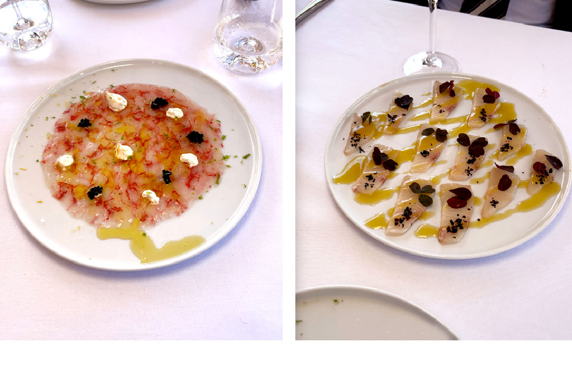 Corail carpaccio Gamberi Rossi et Sashimi de sériole
