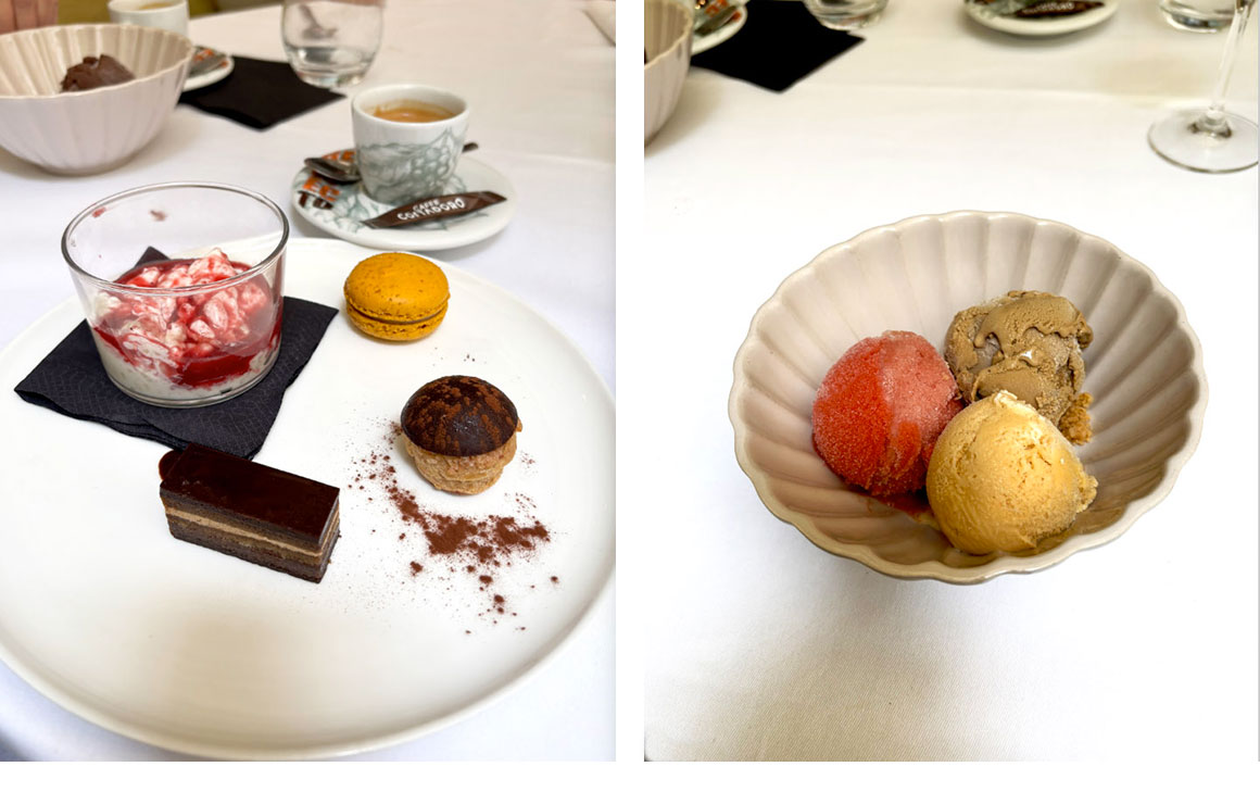 Café gourmand, glaces café et caramel, sorbet fraise