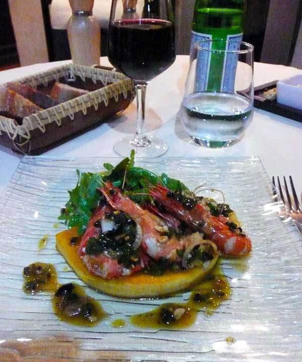 Restaurant Agapes, tranche de potiron et crevettes