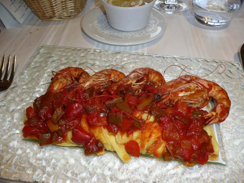 Bistrot Champêtre, Les gambas à la plancha façon basquaise et tagliatelles fraiches