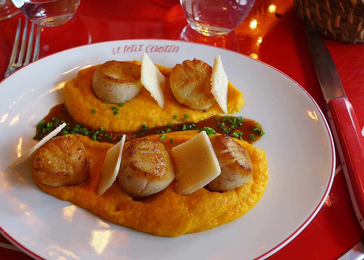 Bistrot Le Petit Célestin, saint-Jacques avec mousseline de potimarron