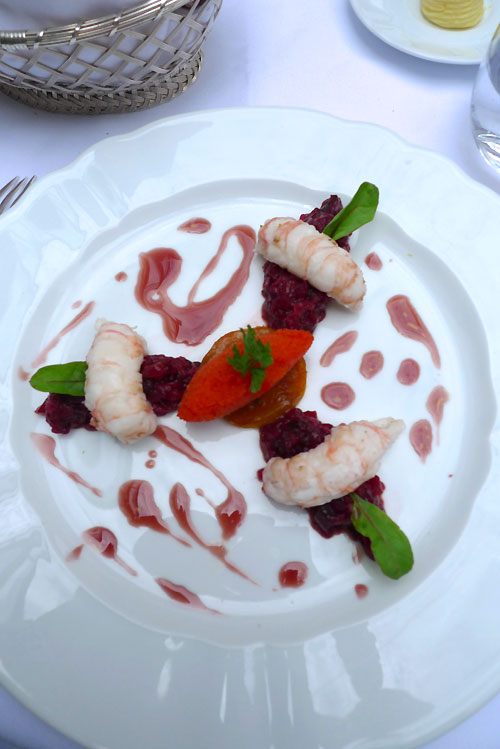 Restaurant Saint James, Les langoustines vapeur chutney de cerises et poivrons doux