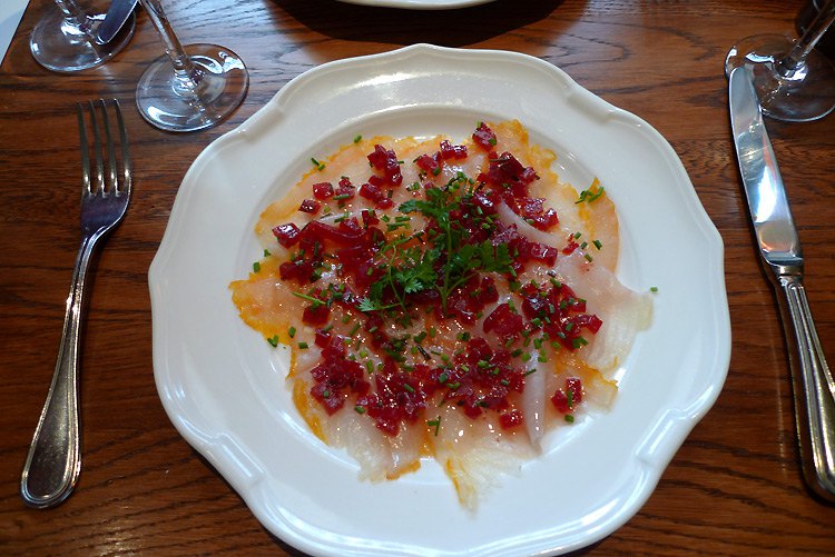 Restaurant Les Botanistes, carpaccio de haddock à la vinaigrette de riz 