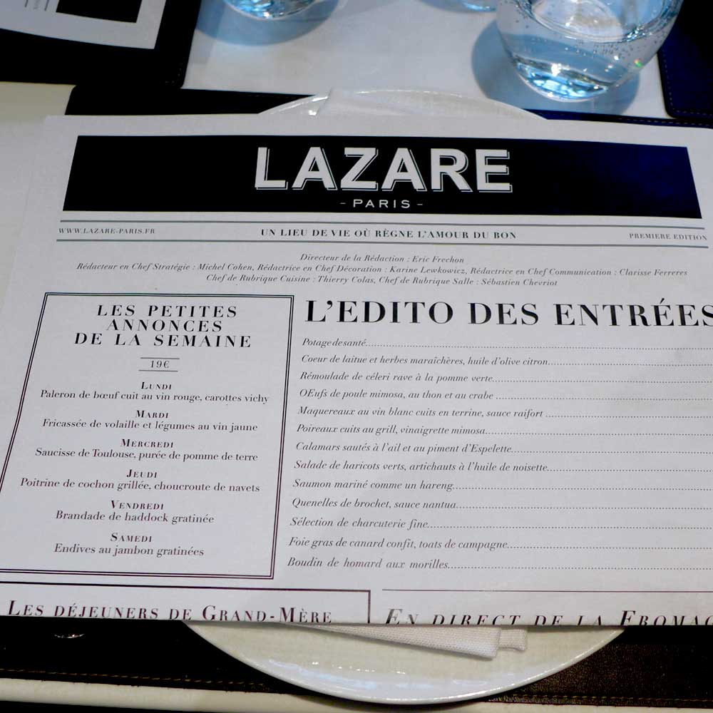 La carte du restaurant Lazare