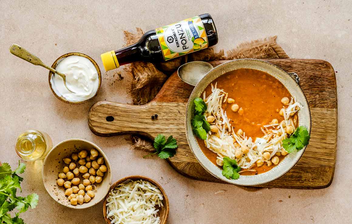 Creamy roasted vegetable soup with chickpeas Ponzu sauce 