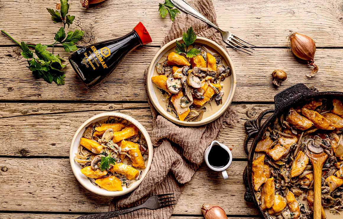 Sweet potato dumplings with mushroom sauce SOY SAUCE 